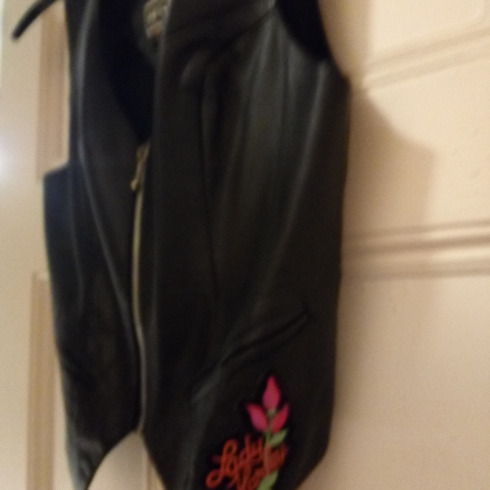 Black Leather Vest with Lady Harley Rose Patch